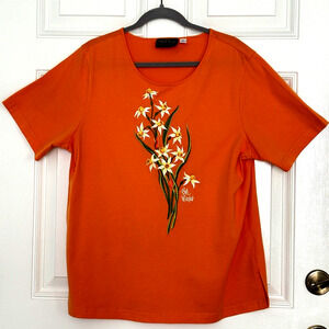 Women's Shirt Top 1XL Bob Mackie Wearable Orange Round Neck Embroidered Daffodil